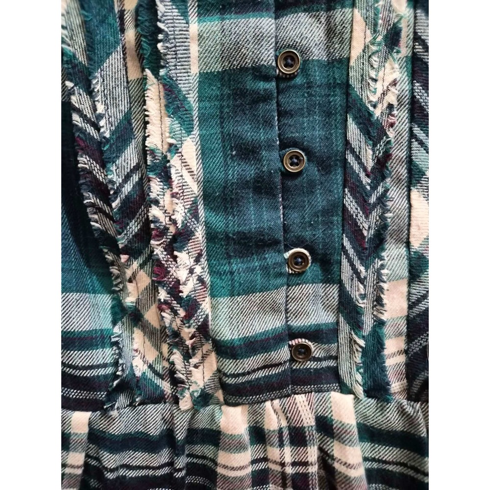 Knox Rose Plaid Flannel Peplum Top Green White 3/4 Sleeve Fringe Trim Medium